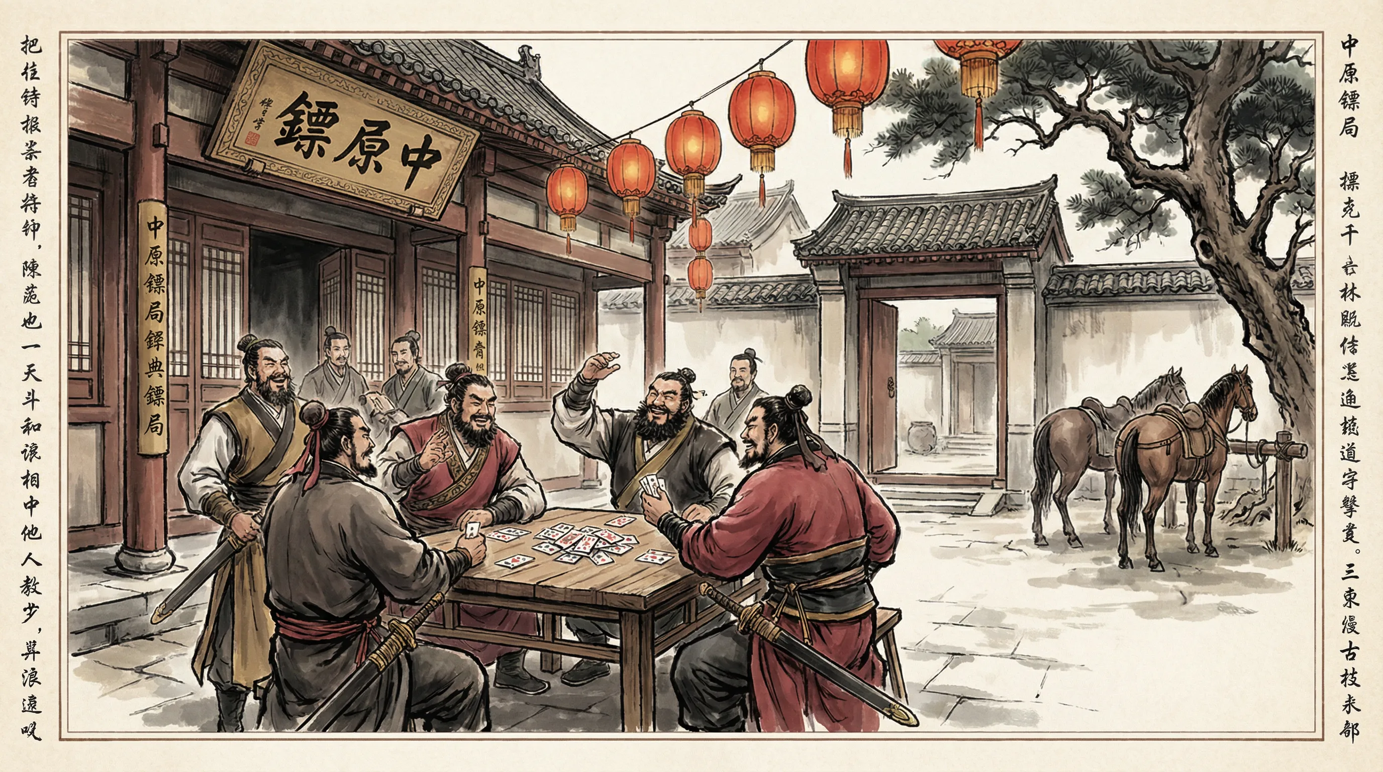 中原镖局武师们围坐对决百人牛牛